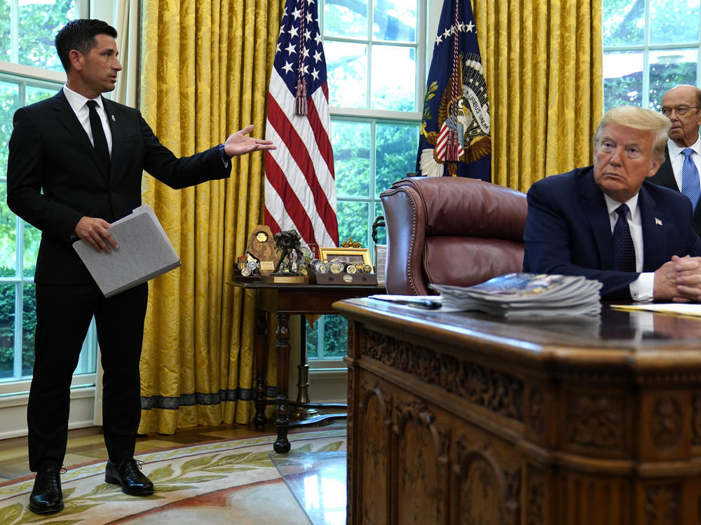 President Trump listens to acting Homeland Security Secretary Chad Wolf during a May briefing. Trump announced on Twitter he was nominating Wolf as DHS chief, but it's unclear if the GOP-controlled Senate will vote to confirm him.