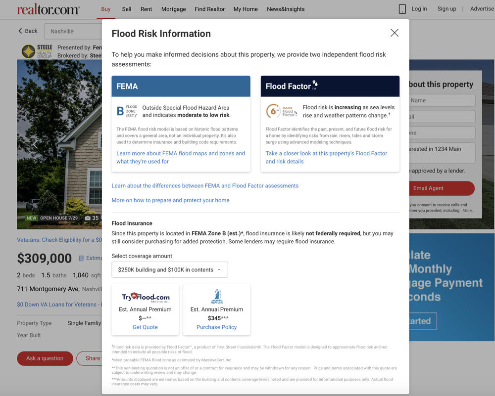 Home listings on Realtor.com now include both federal and private flood risk information. Federal flood maps are primarily used to determine the cost of flood insurance and do not account for the future effects of climate change.