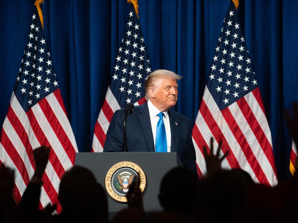 President Donal Trump addresses 2020 Republican National Convention delegates in Charlotte, NC