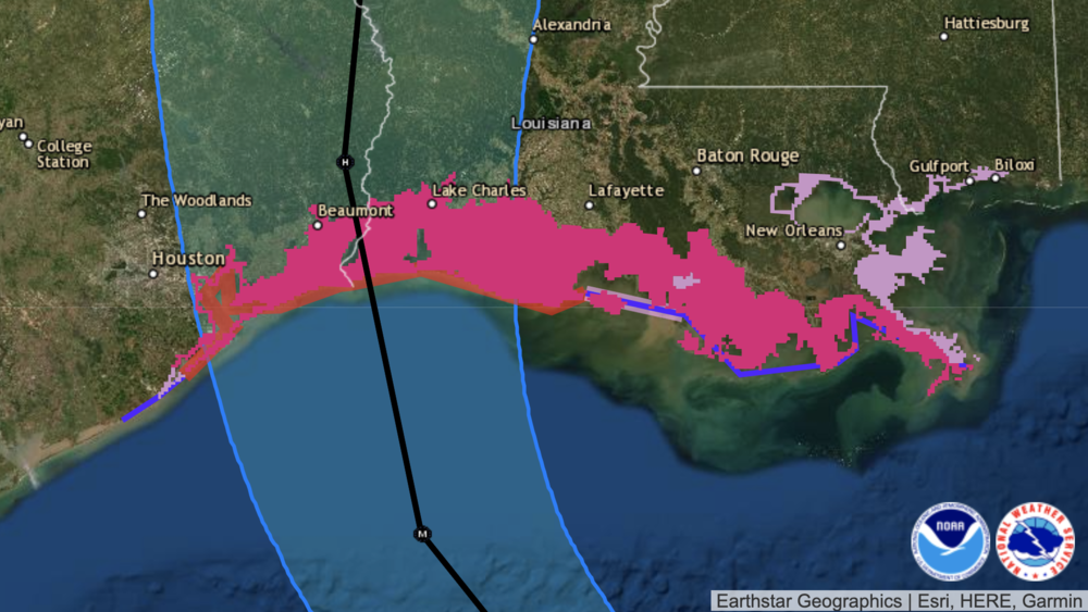 Hurricane Laura will bring a potentially perilous storm surge when it makes landfall — likely near the Texas-Louisiana border, forecasters say. In this graphic, the magenta and pink areas reflect storm surge alerts.