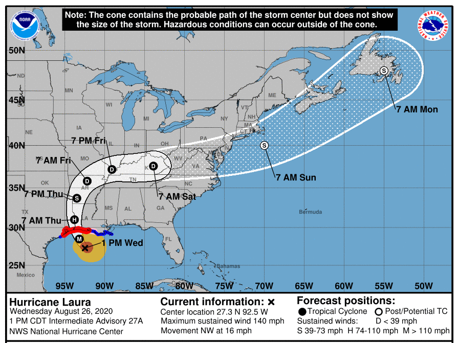 The National Hurricane Center predicts that Hurricane Laura will make landfall as a Category 4 storm.