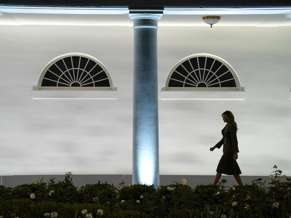 First lady Melania Trump arrives to speak to the Republican National Convention from the White House on Tuesday. She empathized with those struggling with the coronavirus in her remarks.