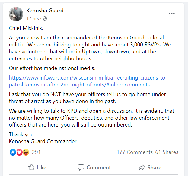 A Facebook page called the Kenosha Guard, was previously open to the public, but has since been locked. Earlier this week the group said 3,000 people respond to a call to be in several Kenosha, Wis. neighborhoods.