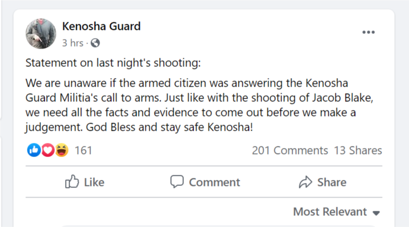 A screen grab from a Facebook group called the Kenosha Guard posted a statement Wednesday saying it was not sure if the perpetrator of a shooting in Kenosha on Tuesday night was affiliated with them.