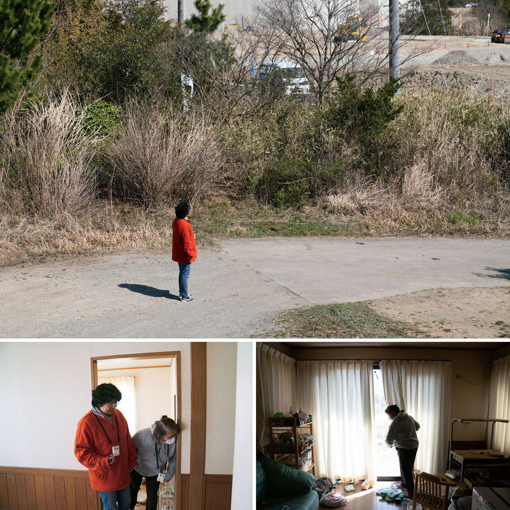 Chiyomi Endo stands at the top of the driveway at her old home in Futaba before handing her keys over to government officials. She and her mother, Tomiko Funaki, 71, had taken one last walk through the house.