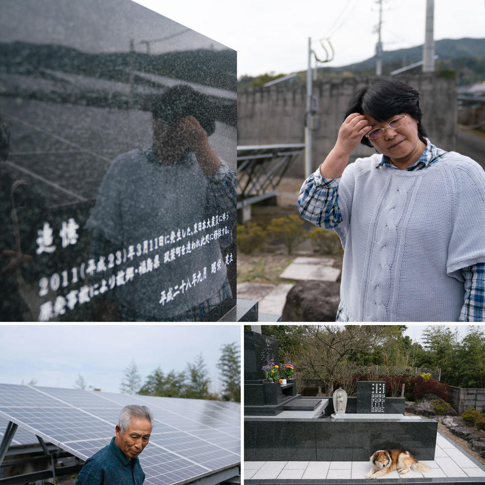 Chiyomi Endo (top) stands beside her husband's grave. 