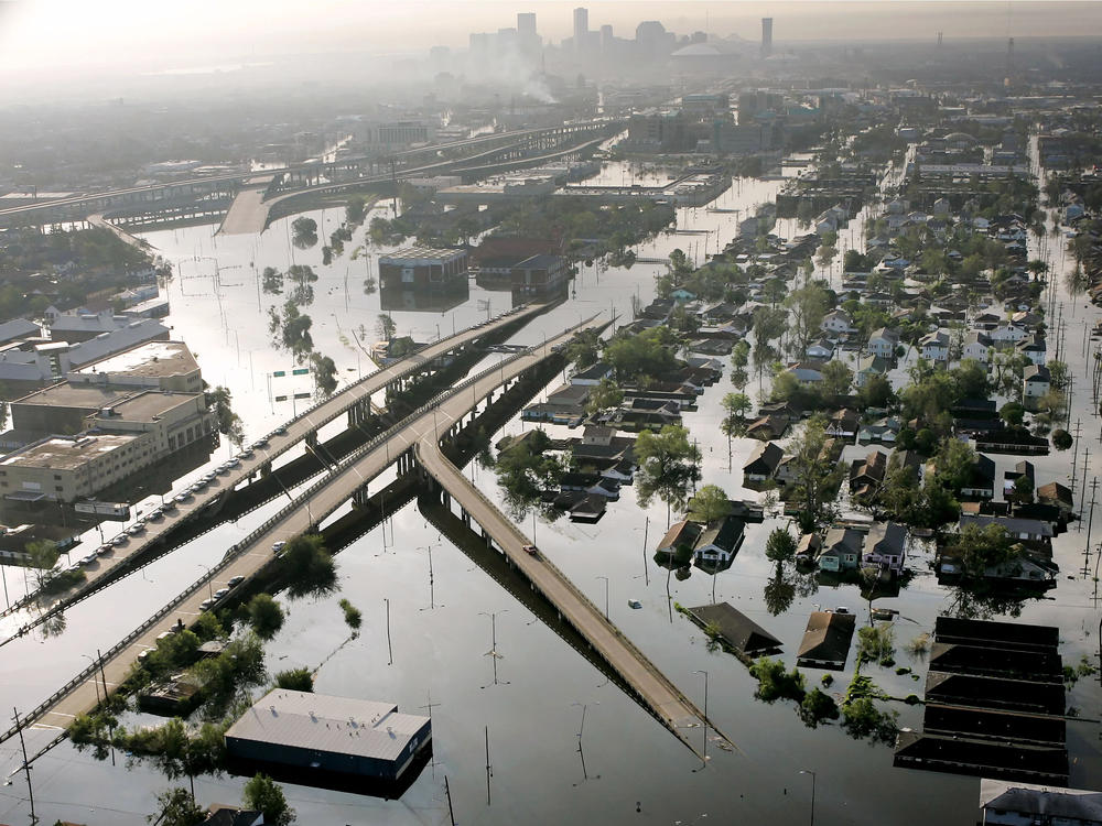A photo taken on Aug. 30, 2005 shows floodwaters from Hurricane Katrina filling the streets near downtown New Orleans.