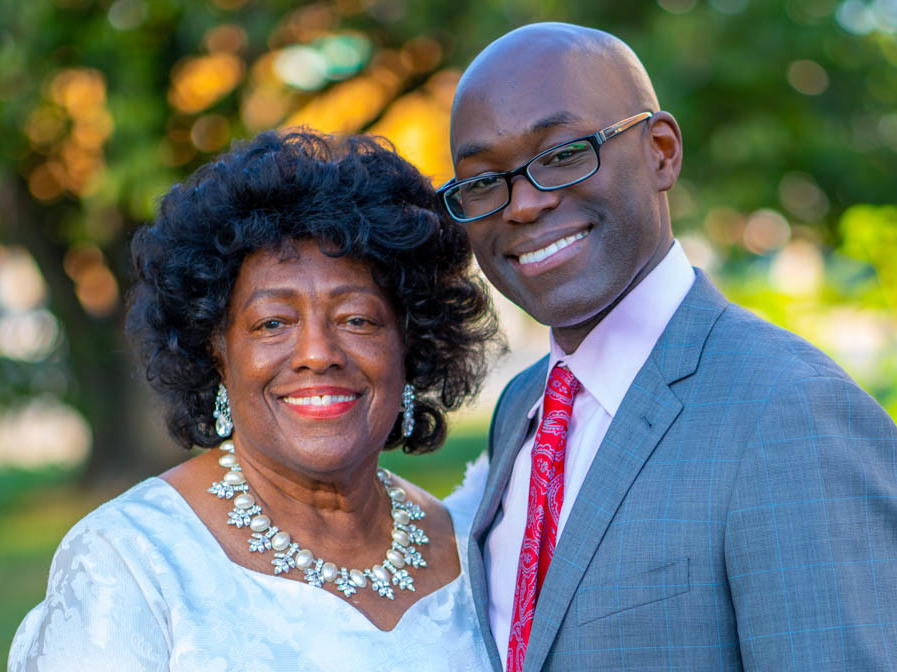 Shirley Darkeh with her son, Ayim Darkeh, at Shirley's 85th birthday celebration at a church on Long Island last year.