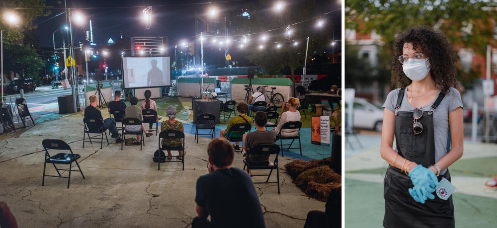 The Scribe Video Center's movie screenings travel to neighborhoods in Philadelphia and Camden. The center has been sponsoring screenings for 23 years, and producer Nehad Khader (right) says they wanted to continue the tradition in 2020. So they limited each audience to a scattered 50 people, to accommodate social distancing.