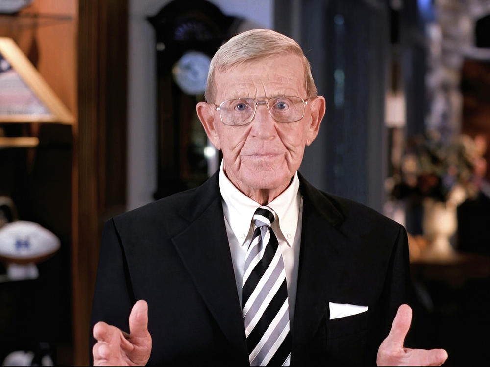 Former Notre Dame football coach Lou Holtz speaks from Orlando, Fla., during the third night of the Republican National Convention on Wednesday. Holtz questioned Democratic candidate Joe Biden's Catholic faith.