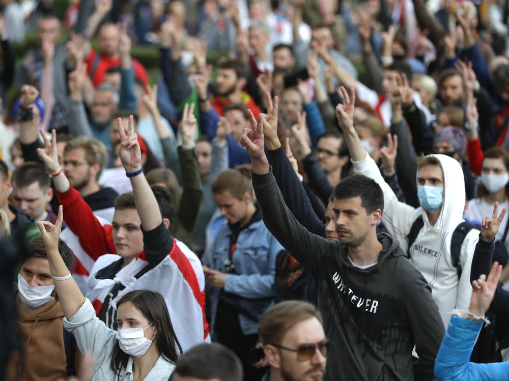 People protest at the Independence Square in Minsk on Thursday.