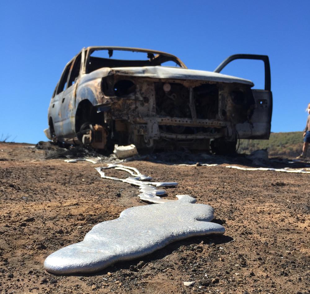 The 2015 Valley Fire in Lake County, Calif., burned Lance Williams' Toyota 4Runner wheels into streams of metal.