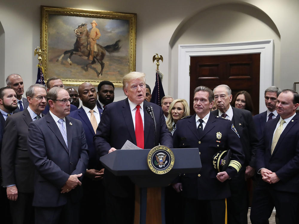 President Trump speaks about the First Step Act prison reform bill at the White House in 2018.