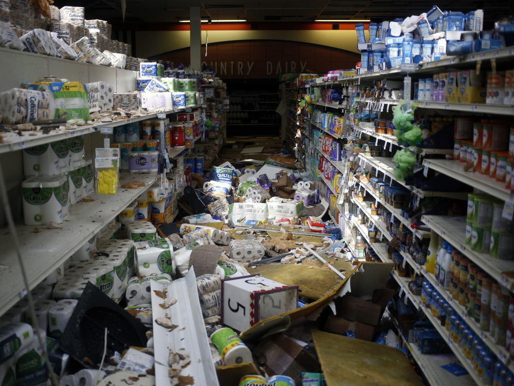 Hurricane Laura wrecked part of a Market Basket grocery in Lake Charles. Damages from the storm are expected to run in the billions of dollars.
