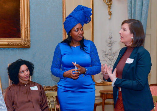 Peggy Bouva (center) and Maartje Duin (right) with Bouva's cousin Jessica Bouva (left) at the Museum van Loon in Amsterdam. Duin and Bouva spent two years researching their shared family history, which delved into the Dutch slave trade. They teamed up to produce a popular podcast exploring the colonial legacy of racism in the Netherlands.