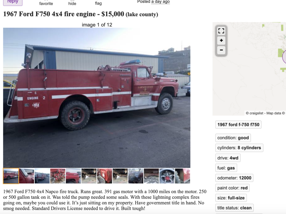 Lance Williams' Craiglist post for his 4x4 fire engine
