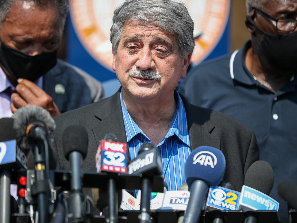 Kenosha Mayor John Antaramian speaks at a press conference on August 27. President Trump plans to visit the city in response to the unrest over the police shooting of Jacob Blake.