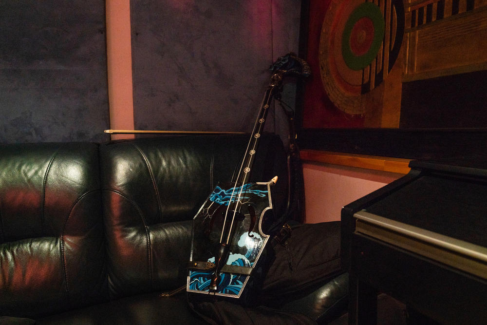 One of the band's morin khuur, a traditional mongolian stringed instrument also known as a horsehead fiddle.