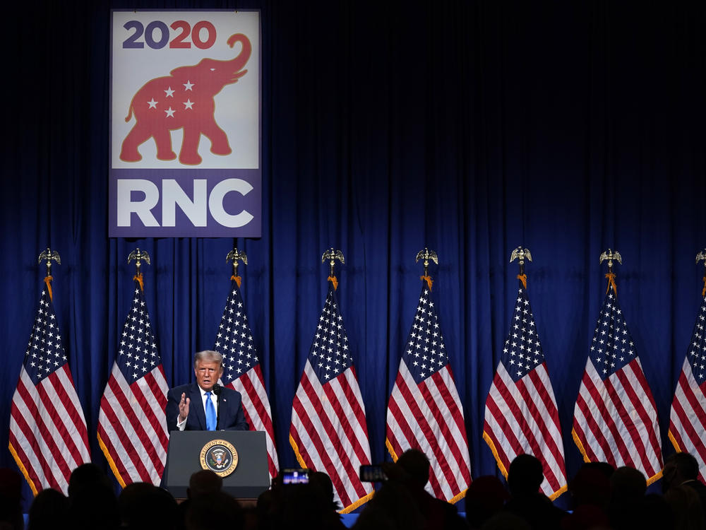 President Trump speaks during the first day of the Republican National Convention in Charlotte, N.C., where he was unanimously supported by delegates for reelection. Many young members of the Republican Party are not supporting him and worry about the future of the GOP, given that it's now defined by Trump.