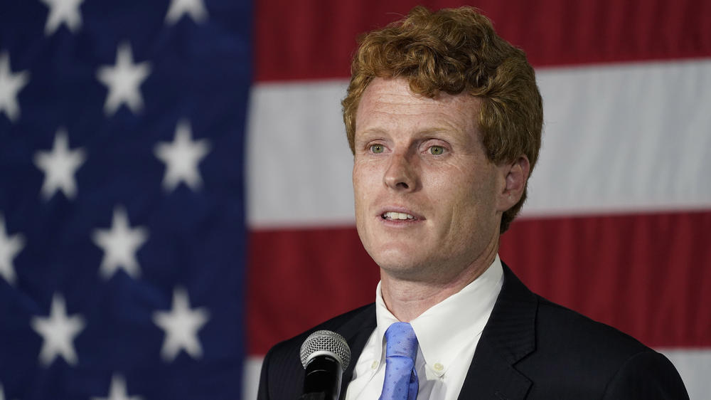 Rep. Joe Kennedy III speaks outside his campaign headquarters in Watertown, Mass., after conceding defeat to incumbent Sen. Ed Markey.
