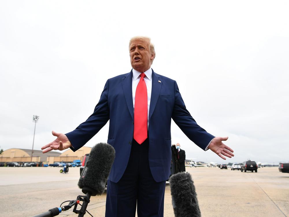 President Trump speaks to the media before heading to Kenosha, Wis., to meet with law enforcement officials and to survey damage following civil unrest in the city.