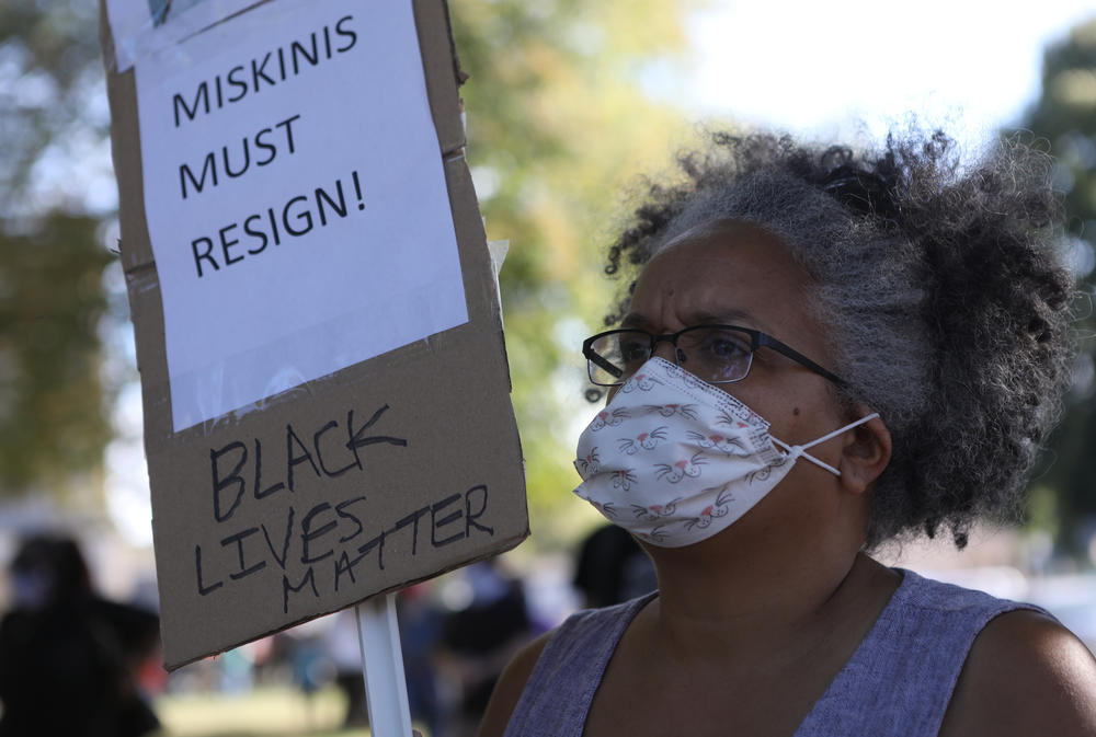 Lorna Revere attends a rally after a Black Lives Matter march for Jacob Blake in Kenosha.