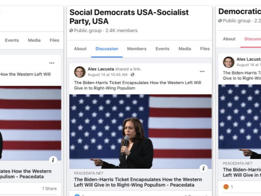 Examples of fake news stories shared on Facebook by a site posing as a news source, PeaceData, which the research firm Graphika says was part of a Kremlin-backed operation to steer voters away from the campaign of Joe Biden and Kamala Harris.