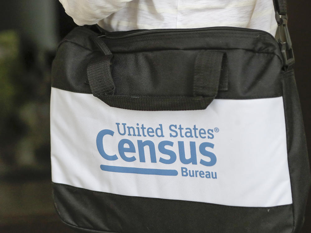 A U.S. Census Bureau worker carries a briefcase while knocking on the door of a home in August in Winter Park, Fla.