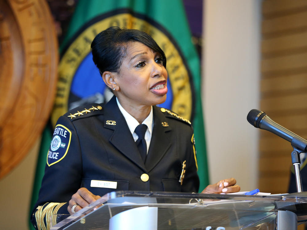 Seattle Police Chief Carmen Best announces her resignation at a press conference at Seattle City Hall on Aug. 11. Her departure comes after months of protests against police brutality and votes by the city council to defund her department.