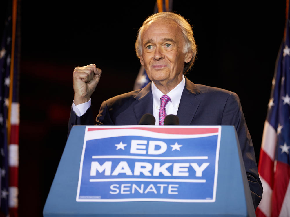 Sen. Ed Markey speaks Tuesday in Malden, Mass., after beating Rep. Joe Kennedy III for the Democratic nomination for a Massachusetts U.S. Senate seat.