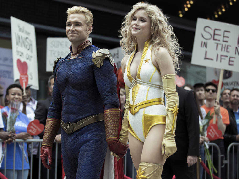 Antony Starr plays Homelander and Erin Moriarity plays Starlight in Amazon Prime's <em>The Boys.</em>