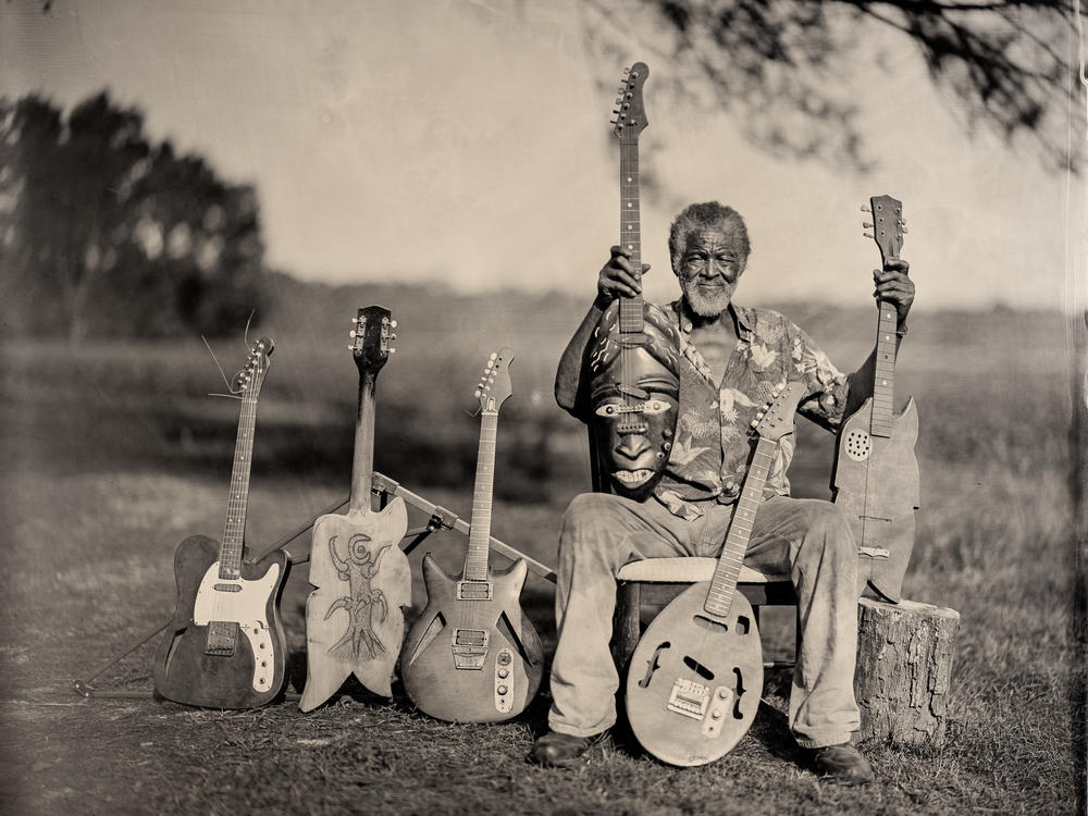 Freeman Vines and his guitars in 2015.