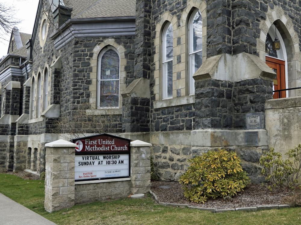 Virtual worship services announcement at United Methodist Church in Moscow, Idaho. The denomination, with some 13 million members worldwide, is experiencing a major internal rift over same-sex marriage and LGBTQ clergy.