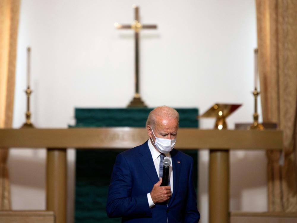 Democratic presidential nominee Joe Biden speaks Thursday at Grace Lutheran Church in Kenosha, Wis.