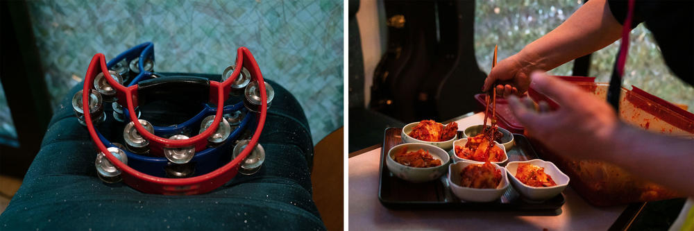 At Cosmos Karaoke, tambourines sit on a stool ready for use during group singalongs. Minza Lee dishes up bowls of kimchi to serve to customers.