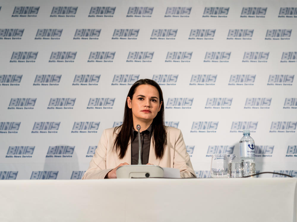 Svetlana Tikhanovskaya speaks at a news conference on Aug. 21 in Vilnius, Lithuania. She fled to the country earlier that month as Belarus' authorities launched a sweeping crackdown on protesters.