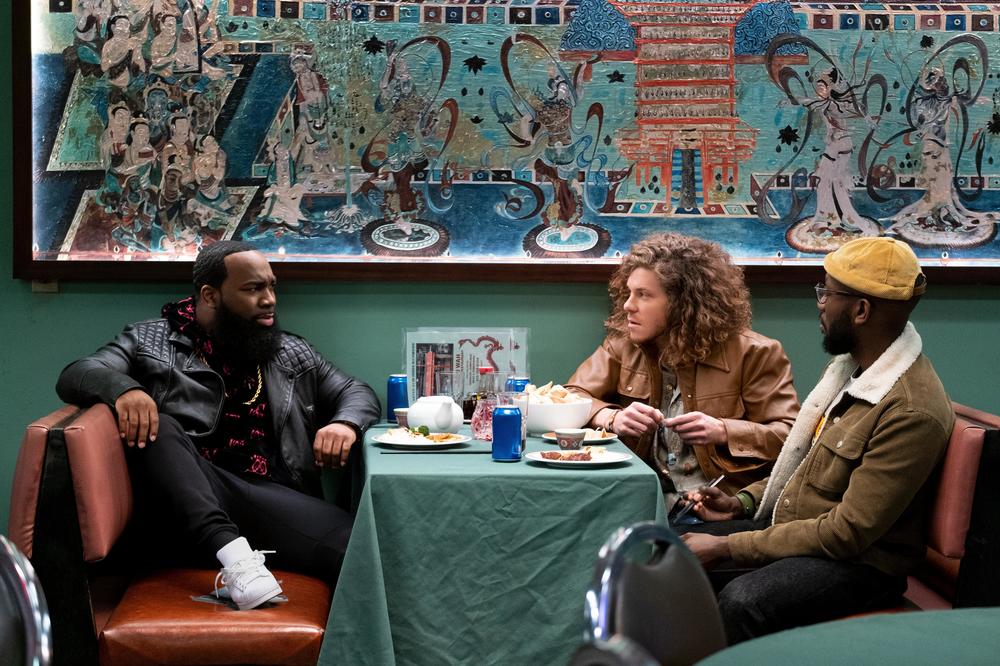 T. Murph as Clovis (from left), Blake Anderson as Gunther and Larmorne Morris as Keef in <em>Woke.</em>