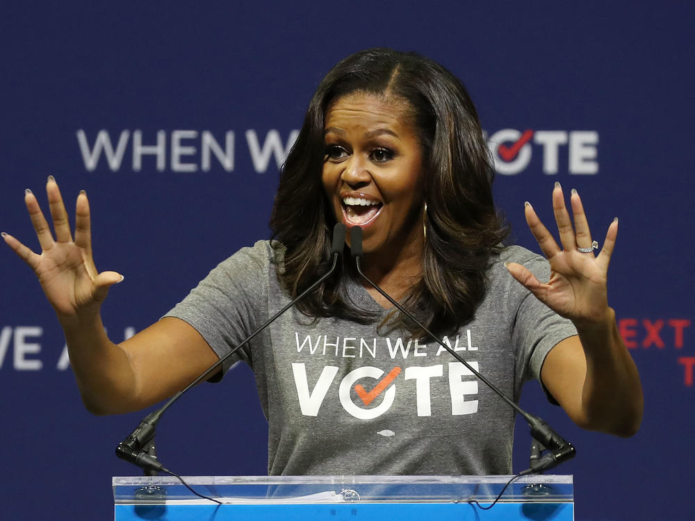 Former first lady Michelle Obama, seen here at a rally in 2018, is the founder of When We All Vote, an organization that aims to help people register and vote.