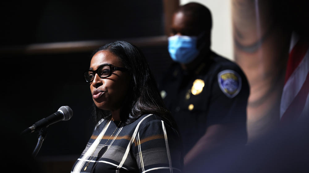 Rochester Mayor Lovely A. Warren addresses reporters during a news conference in Rochester, N.Y., on Sunday, following five nights of protests over Daniel Prude's death.