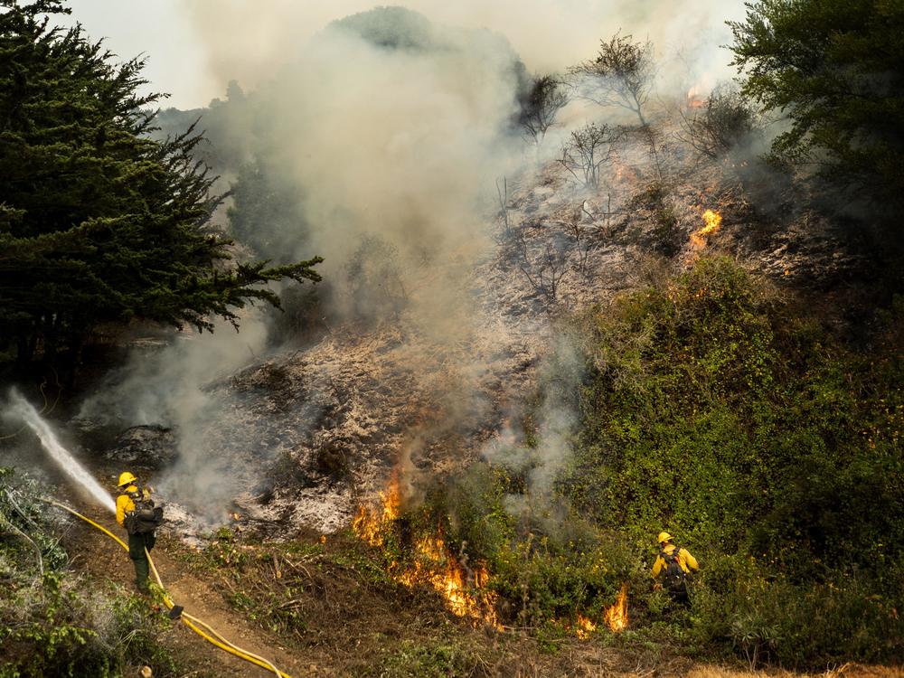 The Dolan Fire, pictured Aug. 22, has burned more than 37,000 acres along the central California coast. On Tuesday, more than a dozen firefighters battling the blaze deployed portable fire shelters, and three were hospitalized with injuries.