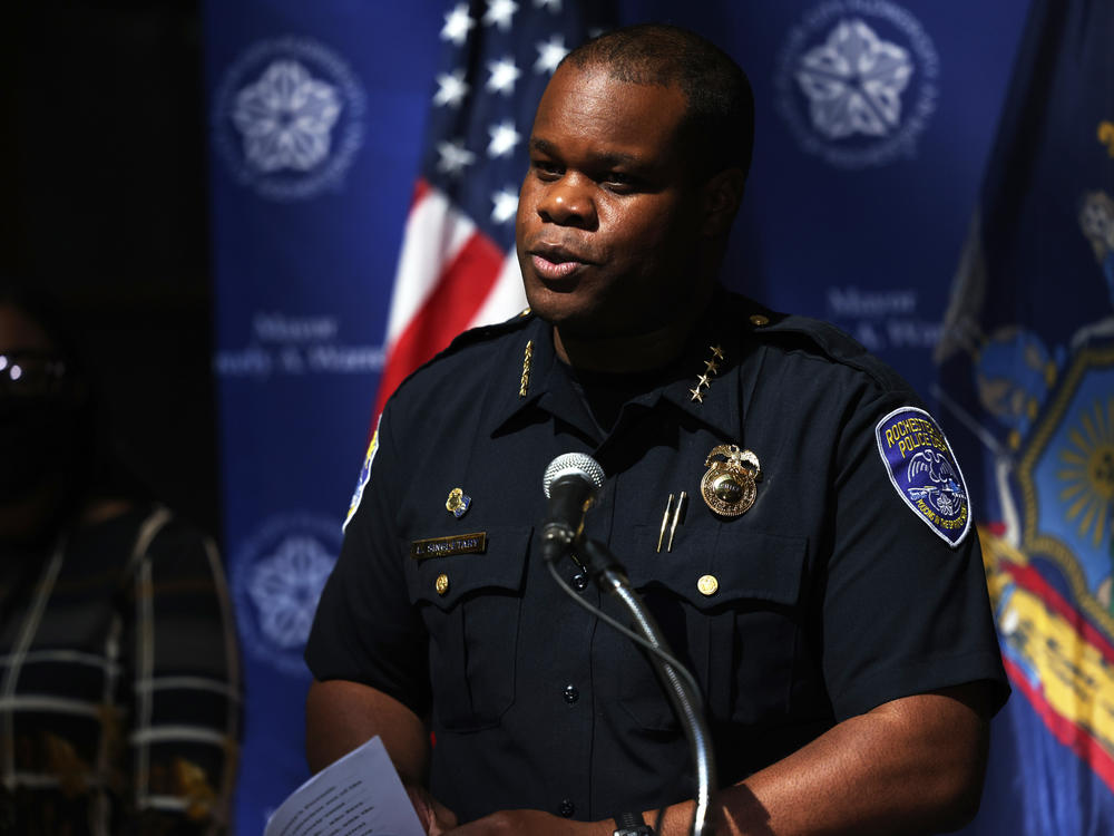 Rochester, N.Y., Police Chief La'Ron Singletary, pictured at a press conference Sunday, resigned on Tuesday along with other senior police staff.