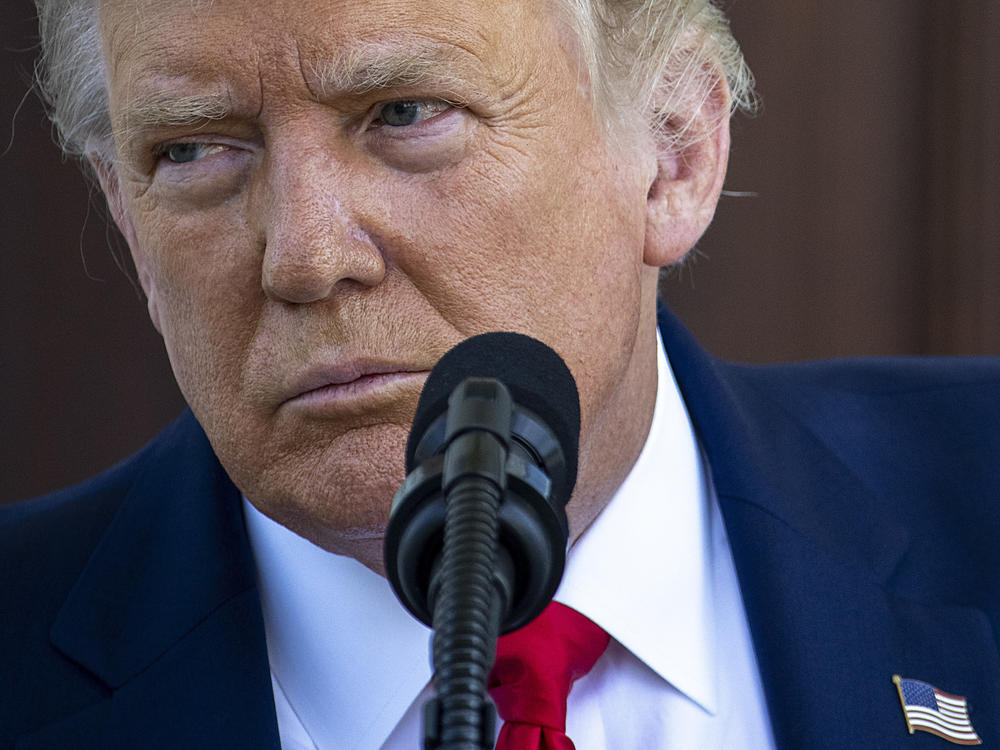 President Trump takes questions during a Labor Day press conference at the White House.