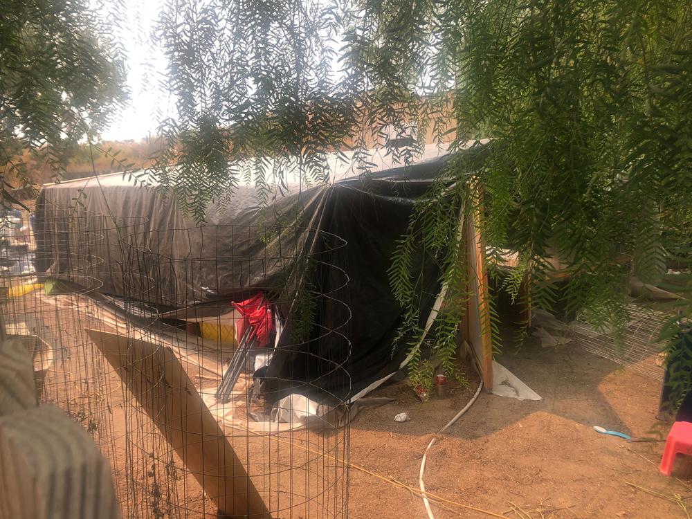 What appears to be a makeshift greenhouse is seen behind a home where killings occurred in Aguanga, Calif. Several people were found fatally shot at the illegal marijuana growing operation.