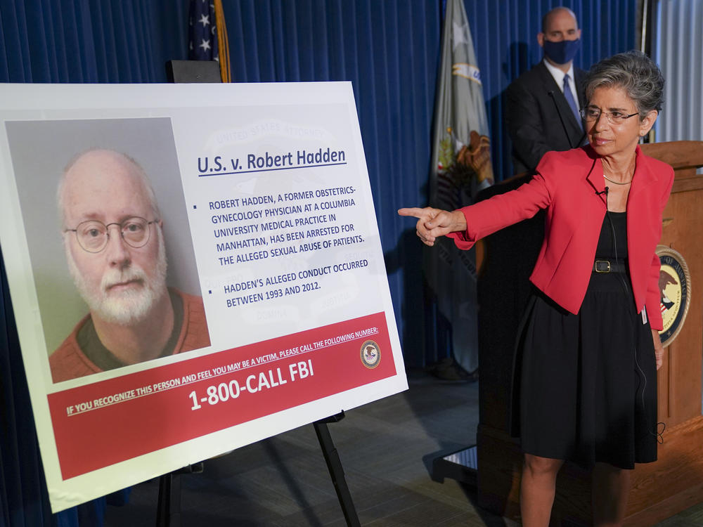 Audrey Strauss, acting U.S. attorney for the Southern District of New York, points to an image of Robert Hadden during a news conference Wednesday to announce his arrest and indictment.