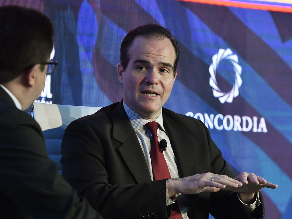 Mauricio Claver-Carone, nominated to head the Inter-American Development Bank, speaks with Ricardo Ospina of Caracol TV at the 2019 Concordia Americas Summit in Bogotá, Colombia.