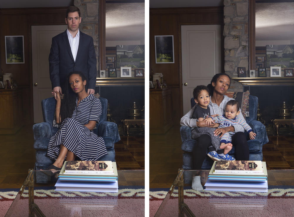 From photographer Janna Ireland's project <em>Milk and Honey</em>: (Left) Portrait of Ireland and her husband.(Right) Portrait of Ireland and her two sons.