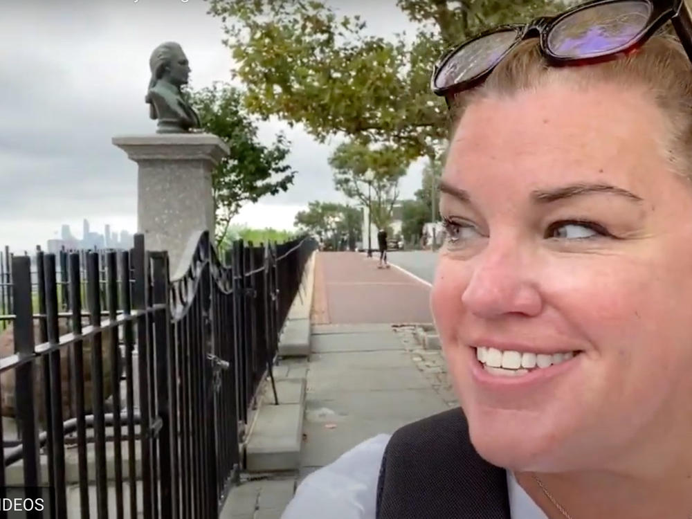 In her video <em>Weehawken to Gettysburg</em> Cathy Cluck stands near a statue of Alexander Hamilton in New Jersey. Cluck took a 15-day road trip to visit some of the places she teaches her students about each year and posted <a href=