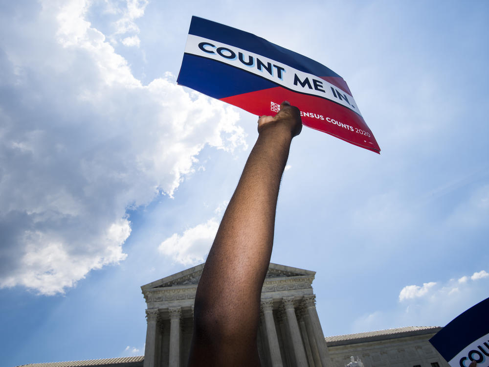 Protesters hold signs about the 2020 census at a rally in front of the Supreme Court in 2019.