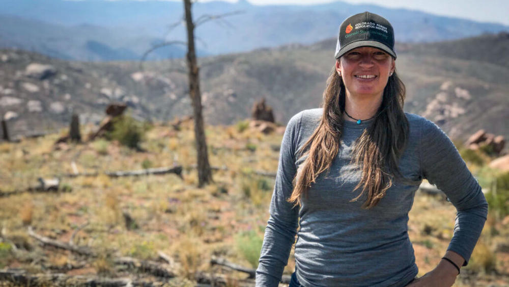 Forest ecologist Marin Chambers, of Colorado State University, stands in a burn area of the 2002 Hayman fire northwest of Colorado Springs.