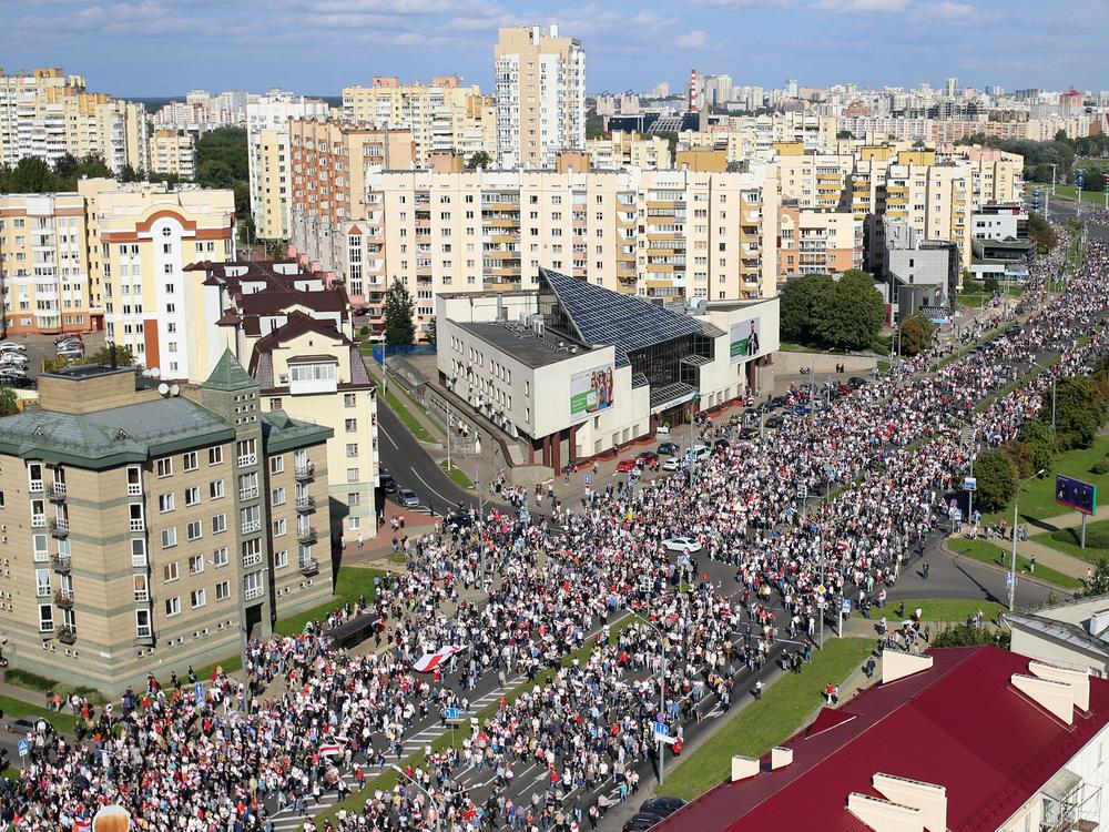 Opposition supporters protest against authoritarian leader Alexander Lukashenko in Minsk on Sunday.